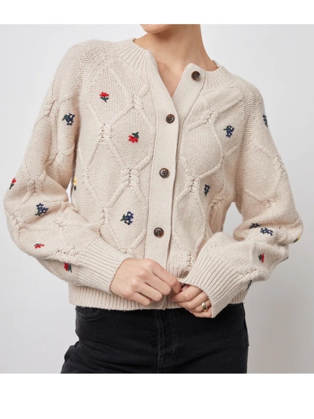 Rails Laurie Cardigan L Oatmeal Melange | Embroidered Floral Knit Sweater